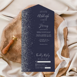 Moderne Donkerblauwe Zilveren Glitter Bruiloft All In One Uitnodiging