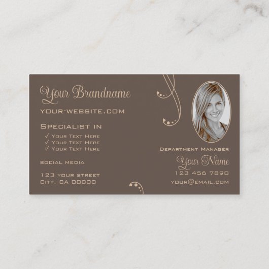 Moderne, donkerbruin  met Logo en foto Visitekaartje (Achterkant)
