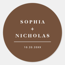 Moderne donkerbruine minimaal elegante bruiloft ronde sticker