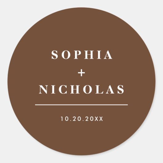 Moderne donkerbruine minimaal elegante bruiloft ronde sticker (Voorkant)