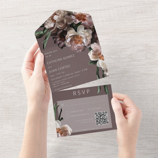 Moderne donkere bloem Bruine QR-code All In One Uitnodiging (Afscheurbaar)