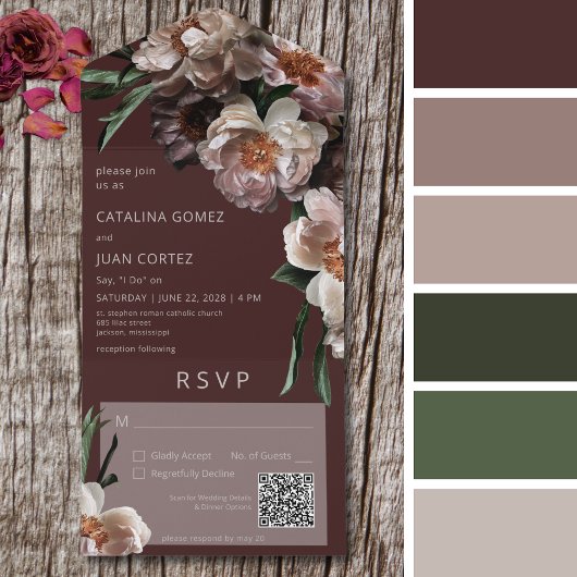 Moderne donkere bloem-bugundische QR-code All In One Uitnodiging