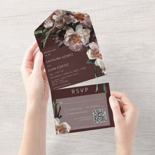 Moderne donkere bloem-bugundische QR-code All In One Uitnodiging (Afscheurbaar)