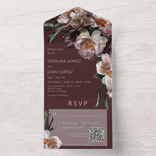 Moderne donkere bloem-bugundische QR-code All In One Uitnodiging (Binnen)