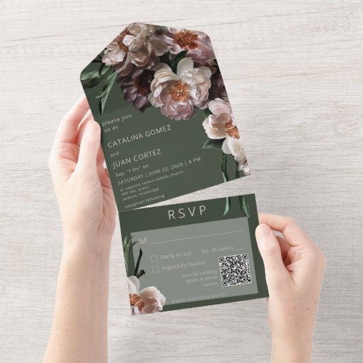 Moderne donkere bloem groene QR-code All In One Uitnodiging (Afscheurbaar)