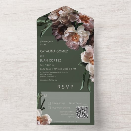 Moderne donkere bloem groene QR-code All In One Uitnodiging (Binnen)