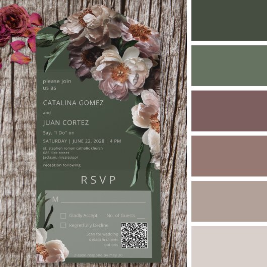 Moderne donkere bloem groene QR-code All In One Uitnodiging