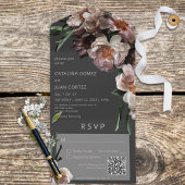 Moderne donkere bloem Zwarte QR-code All In One Uitnodiging