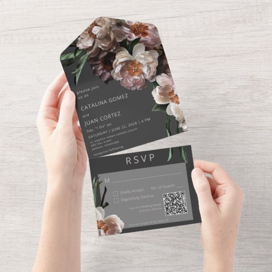 Moderne donkere bloem Zwarte QR-code All In One Uitnodiging (Afscheurbaar)
