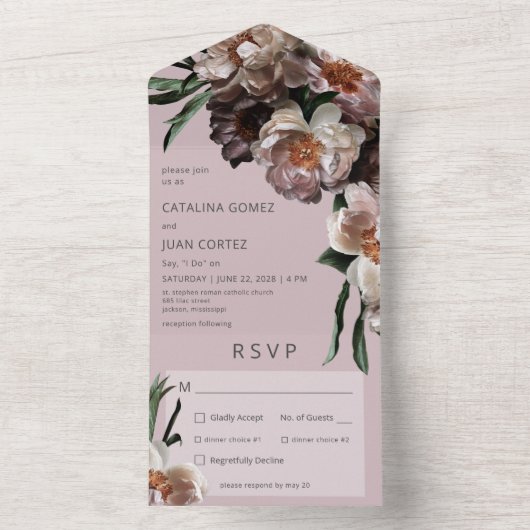 Moderne donkere bloesems zacht roze diner all in one uitnodiging (Binnen)