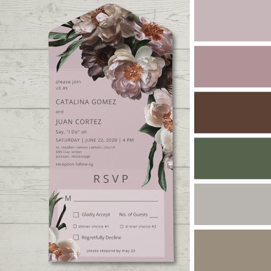 Moderne donkere bloesems zacht roze diner all in one uitnodiging