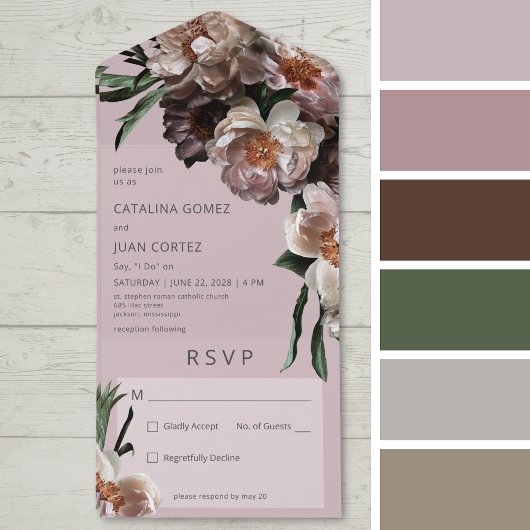 Moderne donkere bloesems zacht roze geen diner all in one uitnodiging