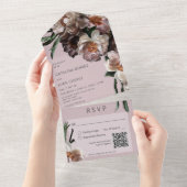 Moderne donkere bloesems zacht roze QR-code All In One Uitnodiging (Afscheurbaar)