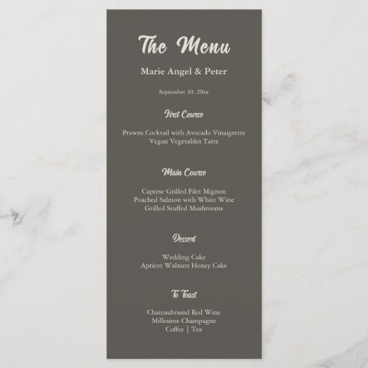 Moderne Donkere Espresso Monogram Huwelijk Menu (Voorkant)