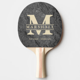 Moderne donkere granieten stenen monogram en naamo tafeltennisbatje