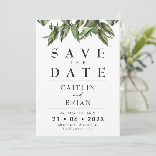 Moderne donkere groene bruiloft bespaart datum kaart (Staand voorkant)