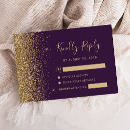 Moderne, donkere Paarse Gold Faux Glitter Edge RSVP Kaartje