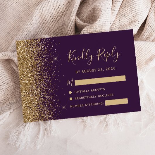 Moderne, donkere Paarse Gold Faux Glitter Edge RSVP Kaartje