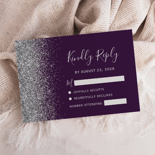 Moderne, donkere Paarse zilver Faux Glitter Edge RSVP Kaartje
