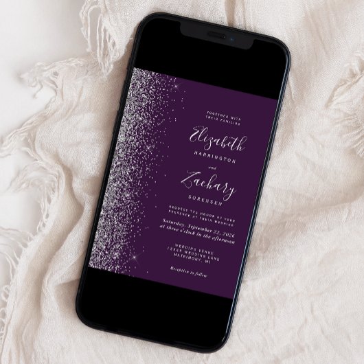 Moderne donkere Paarse zilveren rand bruiloft Kaart
