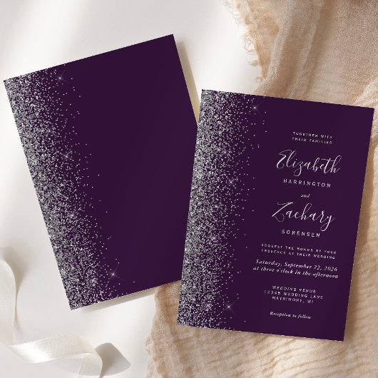 Moderne donkere Paarse zilveren rand bruiloft Kaart