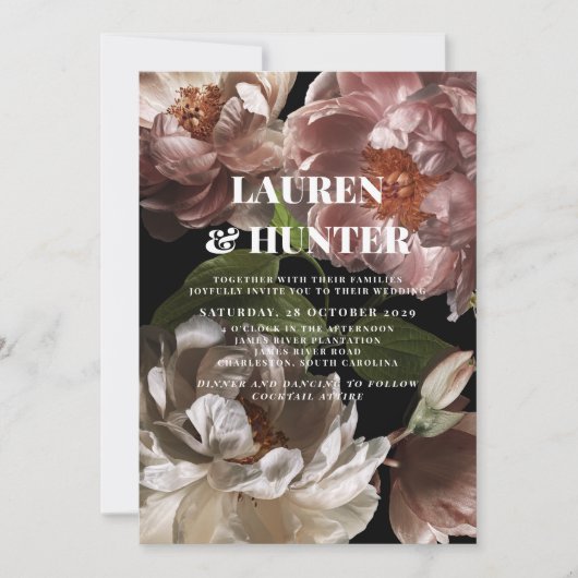 Moderne donkere roze roze botanische bruiloft in kaart (Voorkant)