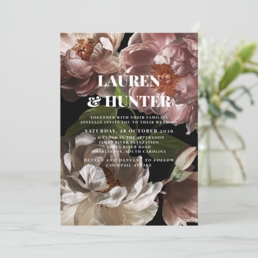 Moderne donkere roze roze botanische bruiloft in kaart (Staand voorkant)