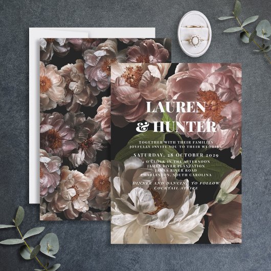 Moderne donkere roze roze botanische bruiloft in kaart