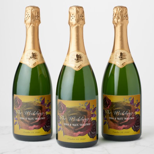 Moderne donkere Rozen op gouden Waterverf Sparkling Wijnetiket (Flessen)