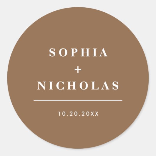 Moderne donkere taupe minimale elegante bruiloft ronde sticker (Voorkant)