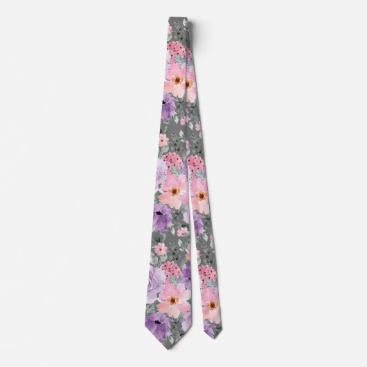 Moderne donkergrijze bloemen Waterverf bruiloft Stropdas (Voorkant)