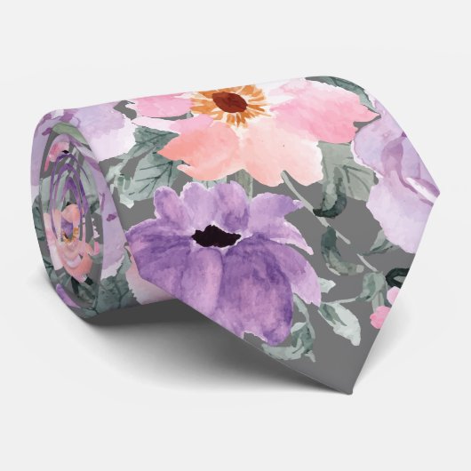 Moderne donkergrijze bloemen Waterverf bruiloft Stropdas (Opgerold)