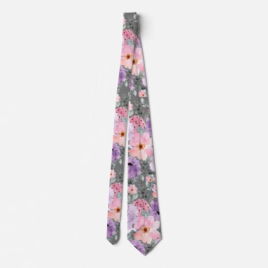 Moderne donkergrijze bloemen Waterverf bruiloft Stropdas (Achterkant)