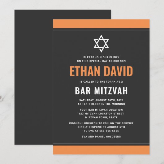 Moderne donkergrijze oranje grenzen bar mitzvah kaart (Voorkant / Achterkant)