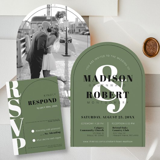 Moderne donkergroene Ampersand Arch Wedding RSVP K Kaartje