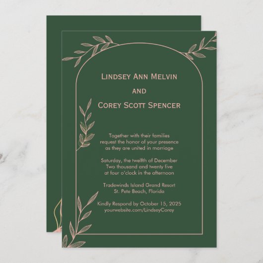 Moderne donkergroene en roze blad bruiloft kaart (Voorkant / Achterkant)
