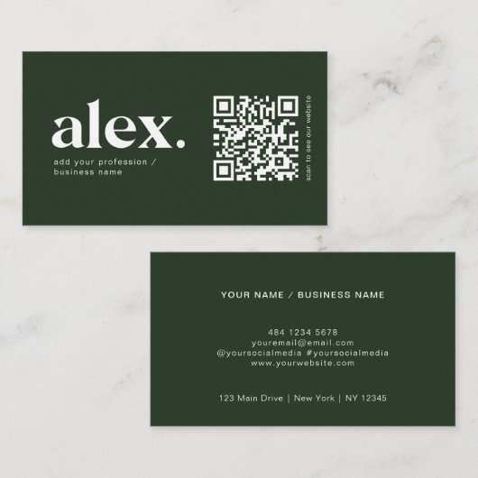 Moderne, donkergroene QR-code Logo Visitekaartje (Voorkant / Achterkant)