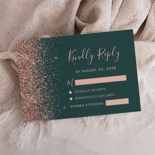 Moderne, donkergroene Roos Gold Faux Glitter Edge RSVP Kaartje