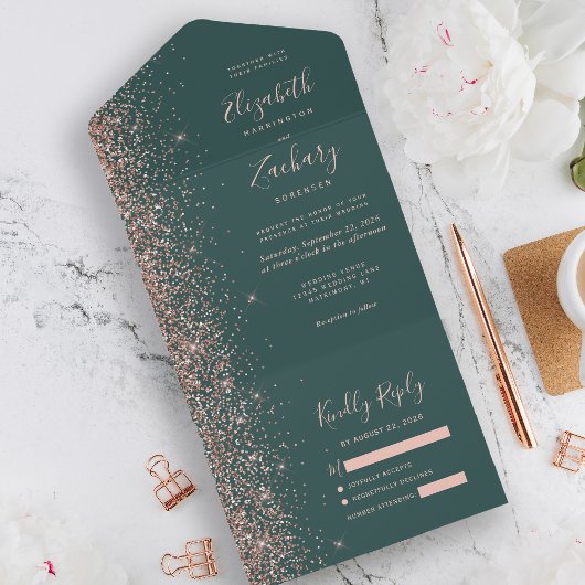 Moderne donkergroene Roos Gold Glitter Wedding All In One Uitnodiging