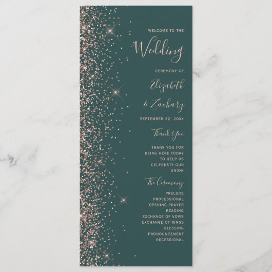 Moderne donkergroene Roos Gold Glitter Wedding Programmakaart (Voorkant)