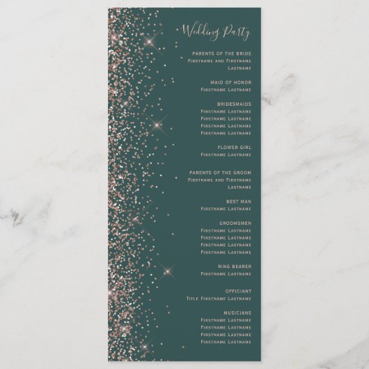 Moderne donkergroene Roos Gold Glitter Wedding Programmakaart (Achterkant)