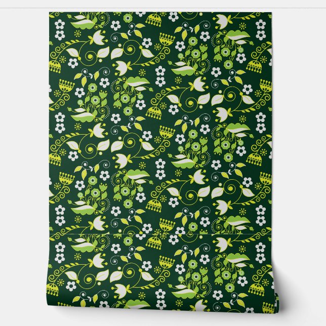 Moderne donkergroene Scandinavische bloempatroon Behang (Afrollen)