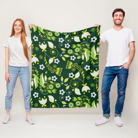 Moderne donkergroene Scandinavische bloempatroon Fleece Deken (In situ)