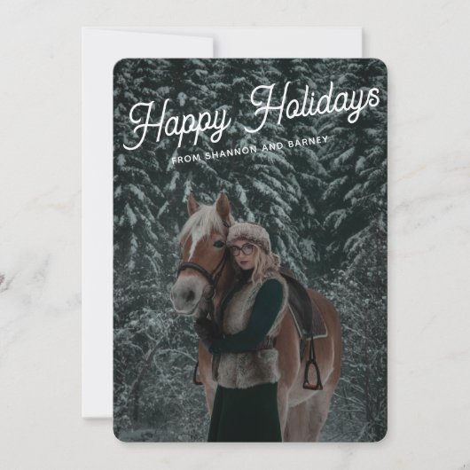 Moderne donkergroene script equestrian paard foto feestdagenkaart (Voorkant)