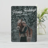 Moderne donkergroene script equestrian paard foto feestdagenkaart (Staand voorkant)