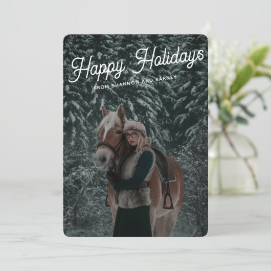 Moderne donkergroene script equestrian paard foto feestdagenkaart (Staand voorkant)