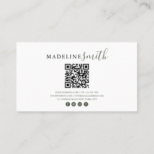 Moderne donkergroene script QR-code Visitekaartje (Achterkant)