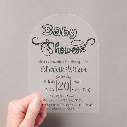Moderne donkergroene verticale babyshower acryl uitnodigingen (Insitu (Draagbaar))
