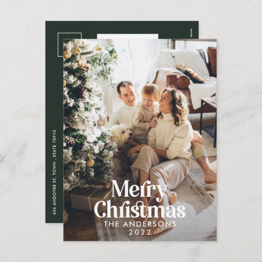 Moderne donkergroene waterverf botanische typograf feestdagenkaart (Voorkant / Achterkant)