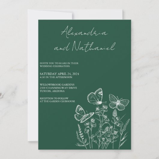 Moderne Donkergroene & Witte Vlinder Bruiloft Kaart (Voorkant)